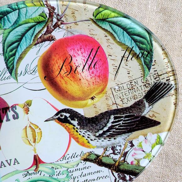 Elegant Glass Trinket Dish: Fleurs, Fruits & Bird Decoupage-Michel Design Works - Picture 4 of 7